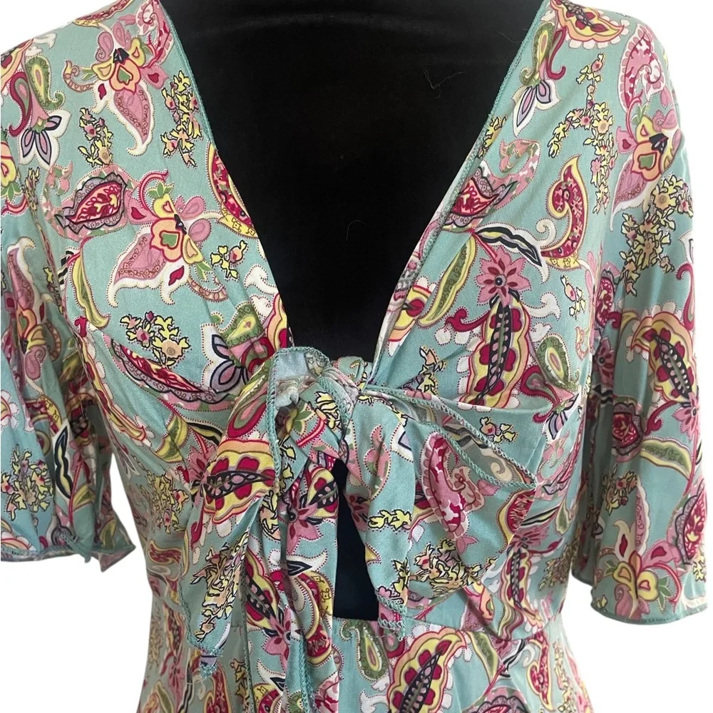 BohoTeal and Pink Paisley Tie-Front cut out Dress, Large, New - Picture 3 of 8